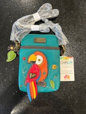 Chala Teal Crossbody with Colorful Parrot Applique and Charm